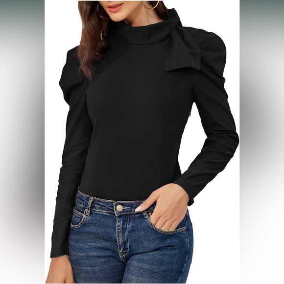 Women's Blouse Bow Tie Neck Puff Long Sleeve Top - Picture 1 of 5
